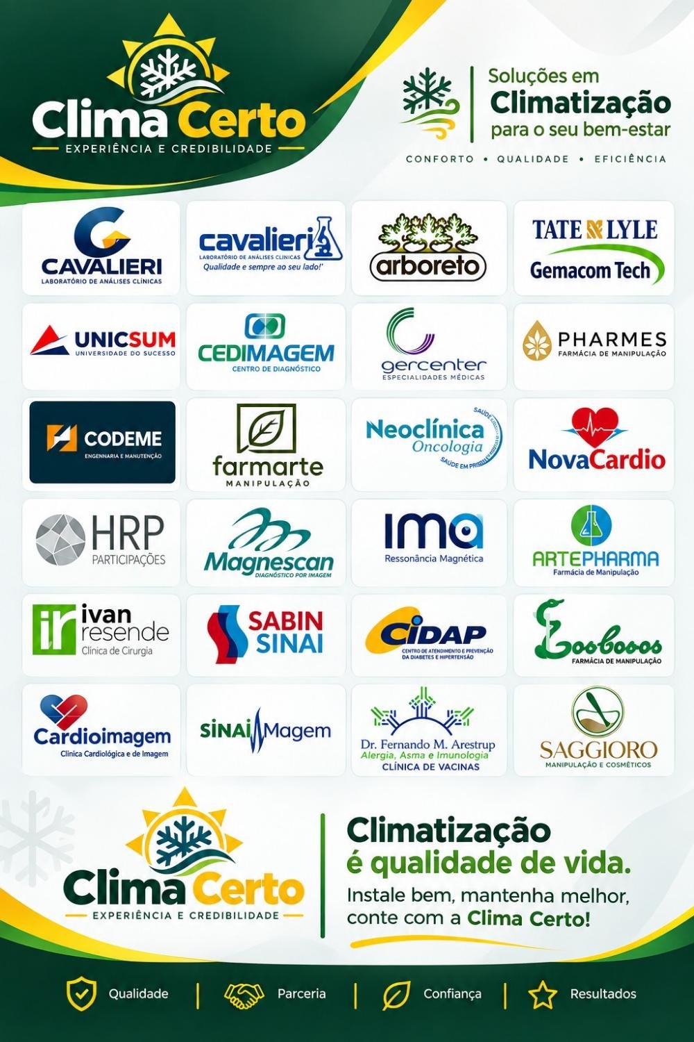 Cartaz da Clima Certo com logos de clínicas, laboratórios, farmácias e empresas atendidas